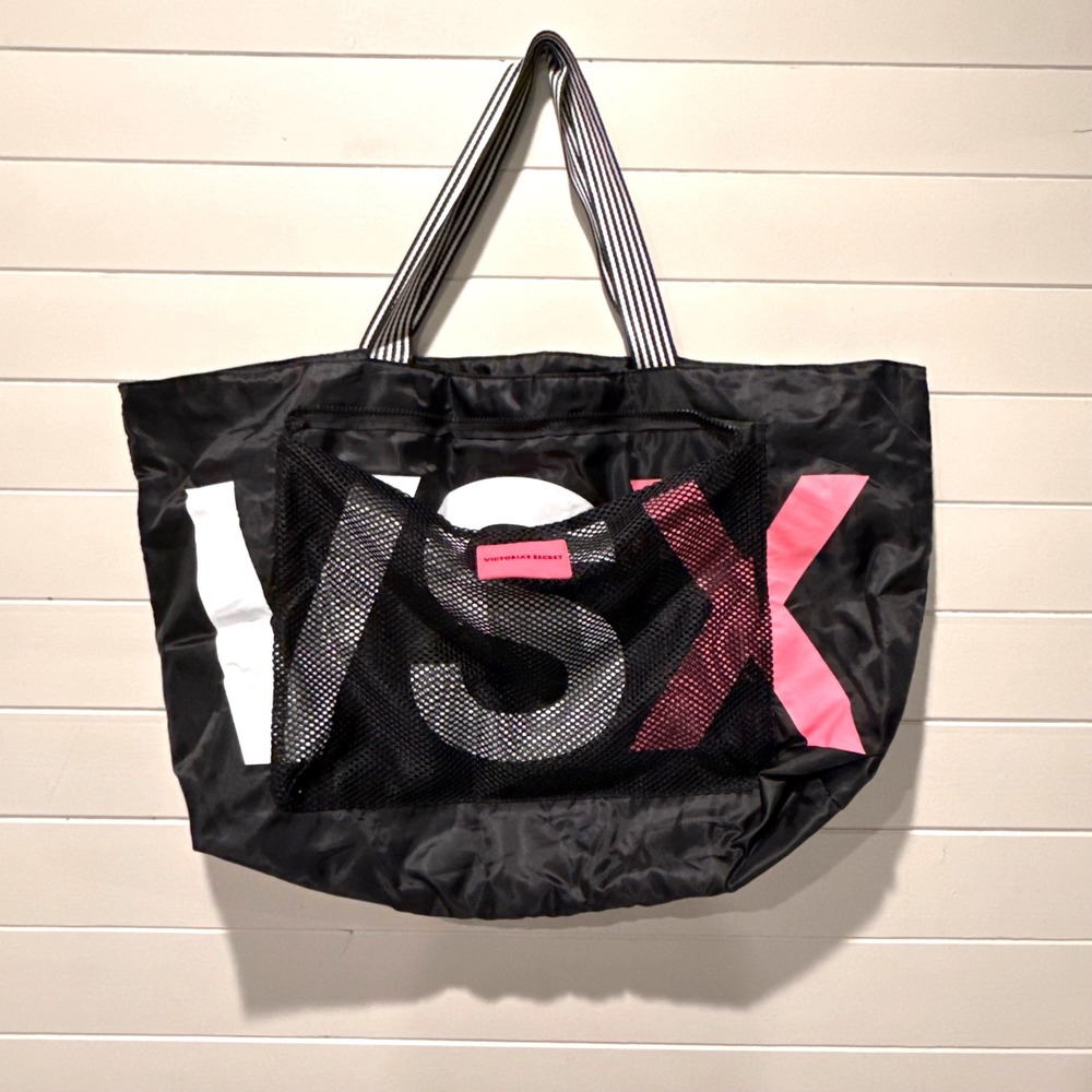 Victoria's Secret VSX Sport Tote Bag Black Pink Large Mesh Pocket NWOT